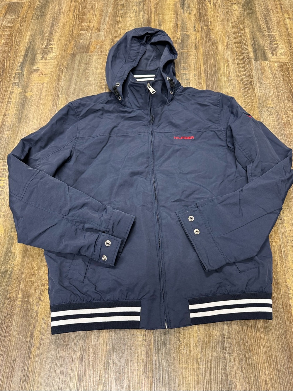 Tommy Hilfiger Men’s Vtg Navy Hooded Regatta Yacht Jacket with Stripe Trim M - Picture 7 of 16